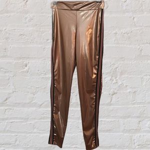 K. Jen Metallic Gold Mid Rise Leggings w Side Stripes